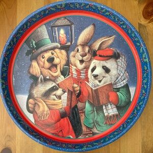 Christmas Animal Carolers Serving Tray Metal 11" Animated Cartoon Dog Bunny
